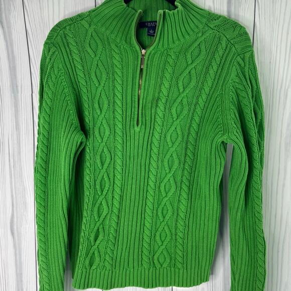 Y2K Ralph Lauren CHAPS Cableknit Green L Quarter Zip Preppy Classic Holiday - Picture 2 of 7